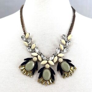 J.Crew Statement Bib Necklace Sage Green Cream Crystal Rhinestone Gold Tone